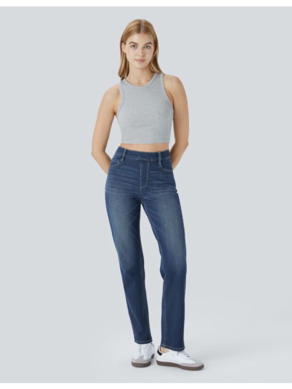 Halara Flex High Waisted Pockets Straight Leg Washed Casual Jeans